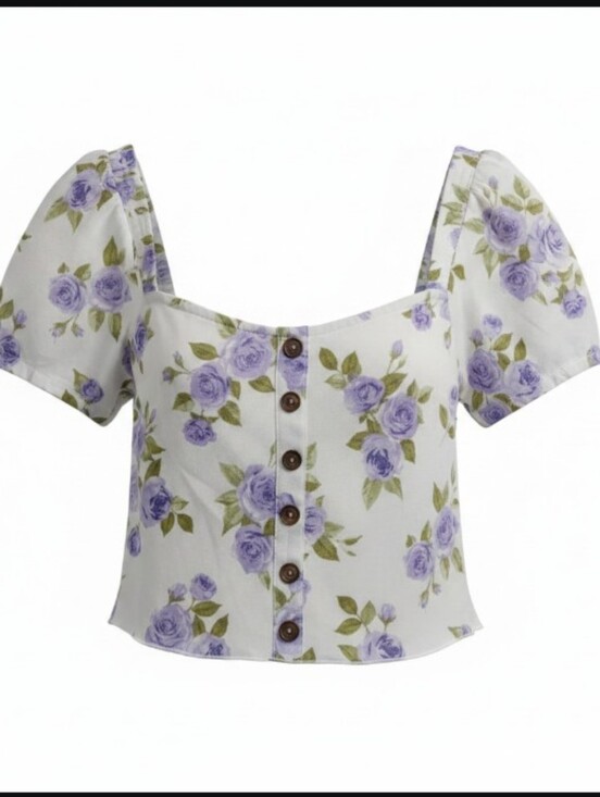 Derek Heart Tops - Derek 🖤 Heart Lavender Rose Button-Front Crop Top